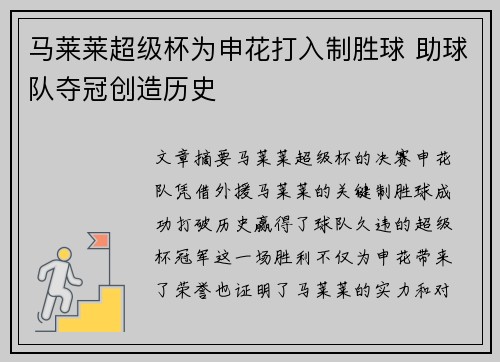 马莱莱超级杯为申花打入制胜球 助球队夺冠创造历史